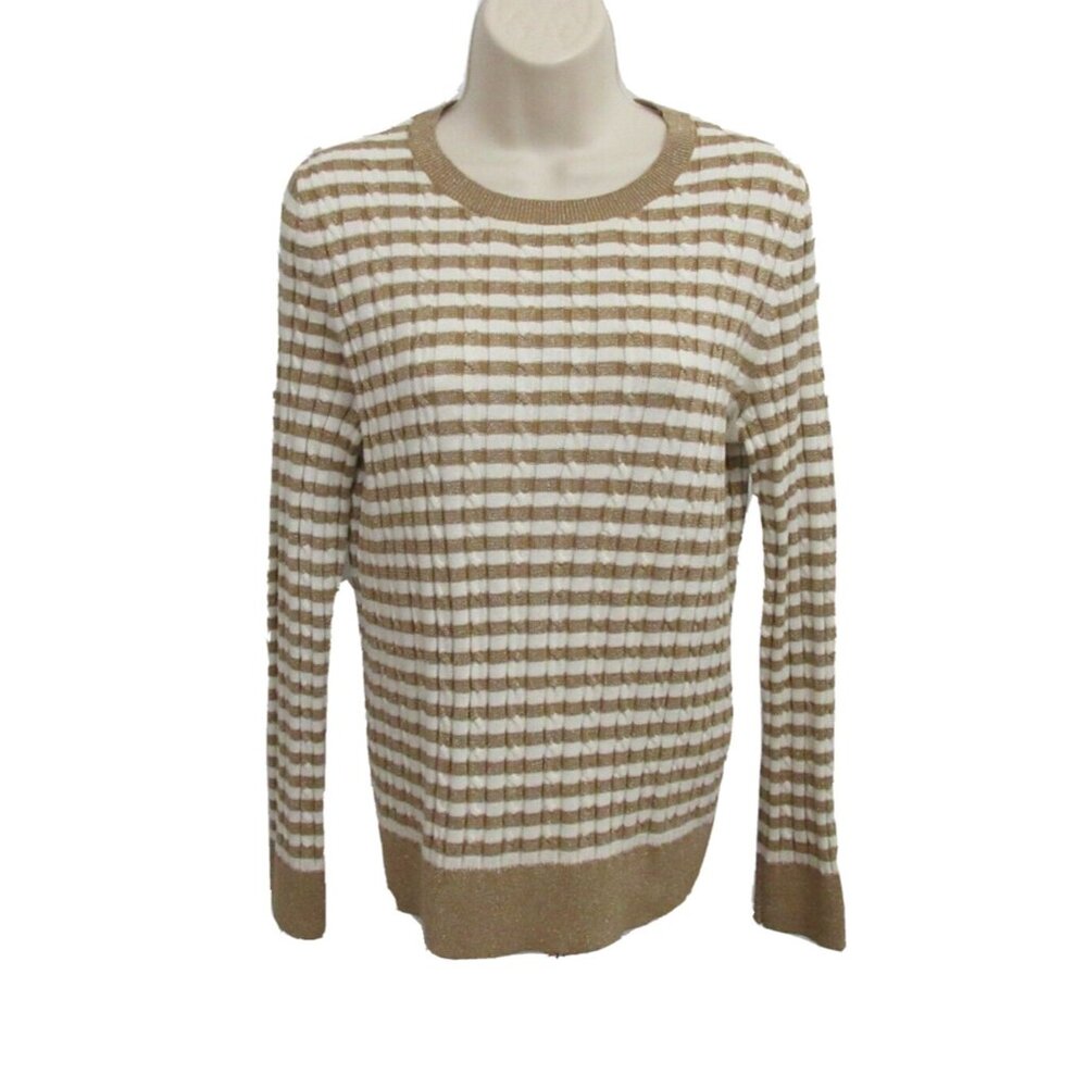 Talbots Sweater Petite S Pullover Crew Neck Gold Metallic Specks & Cream Stripes